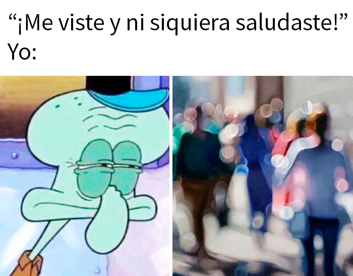 Calamaro enfadado en meme divertido e ingenioso sobre saludos ignorados en situaciones cotidianas urbanas.