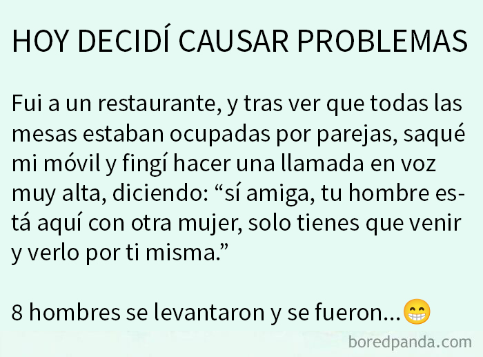 Texto en español sobre mentira descubierta en Internet, fingiendo llamada para causar problemas en restaurante.