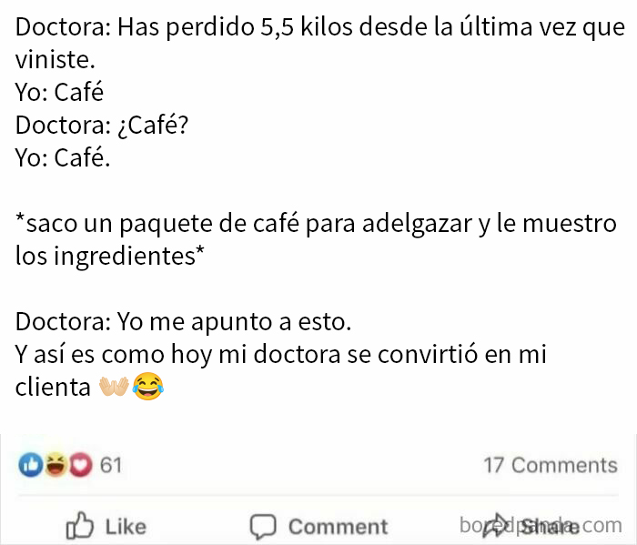 Diálogo gracioso entre paciente y doctora sobre pérdida de peso con café, una de las mentiras vergonzosas descubiertas en Internet.