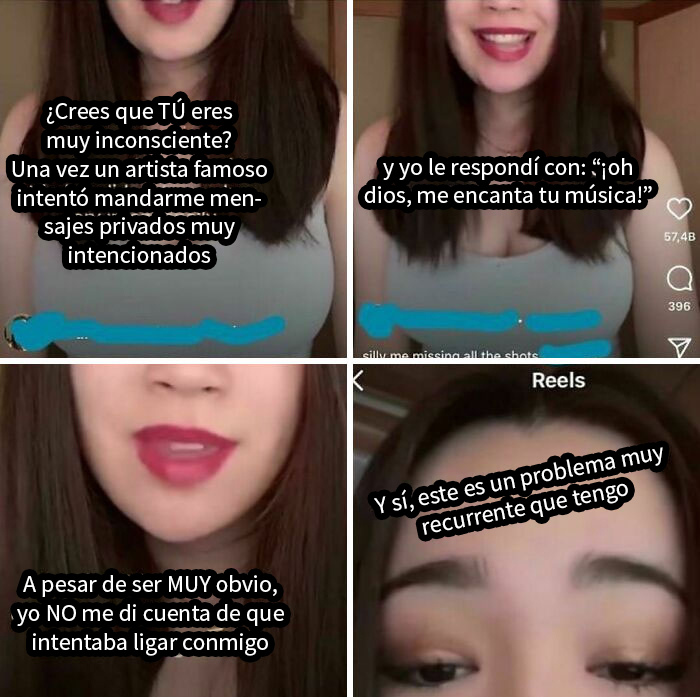 Mujer narrando mentiras vergonzosas en Internet con mensajes privados y problemas recurrentes en video tipo reels.