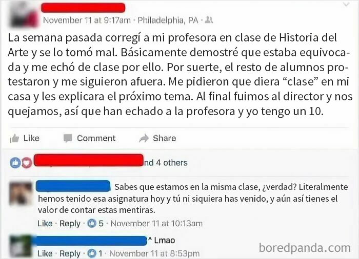 Publicación con mentiras muy vergonzosas en Internet sobre clase de Historia del Arte y discusión con profesora.