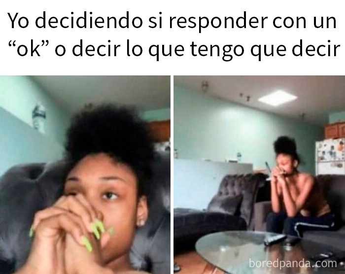Mujer pensativa en sofá dudando entre responder con ok o decir lo que piensa en memes divertidos e ingeniosos.