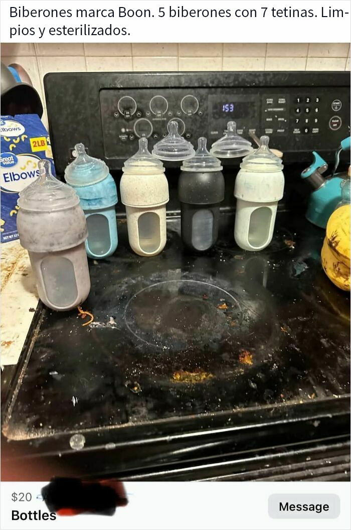 Biberones sucios en cocina desordenada, mostrando imágenes de personas asqueadas por estas comidas compartidas