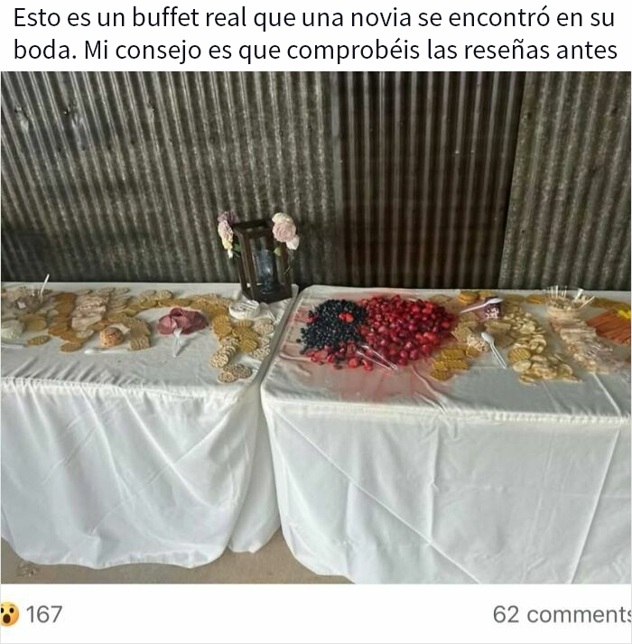 Buffet de boda con comida poco apetecible que causó asco y tuvo que ser compartida por varias personas.