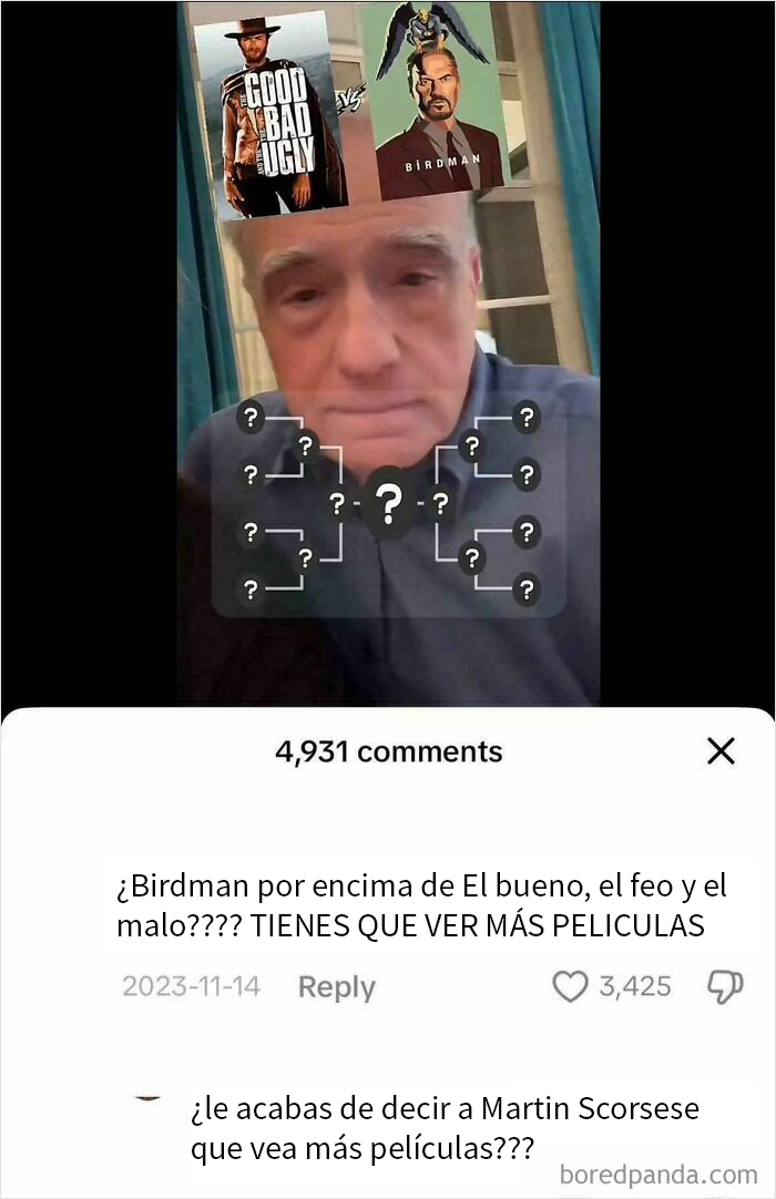 Hombre confundido con enfrentamiento entre Birdman y El bueno, el feo y el malo, reflejando situaciones que quedaron fatal.
