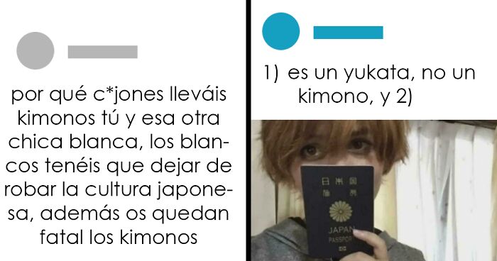 Persona sostiene pasaporte japonu00e9s corrigiendo error sobre kimono, mostrando confusiu00f3n cultural y quedando fatal en conversaciu00f3n.