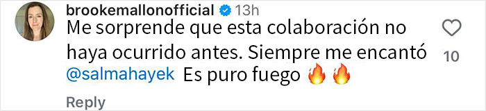Comentario en Instagram elogiando a Salma Hayek en una colaboración como modelo para Sports Illustrated Swimsuit.