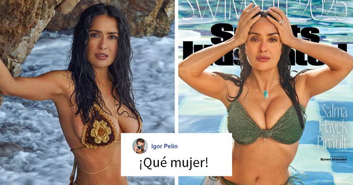 Salma Hayek posando en bikini para la sesiu00f3n de fotos de Sports Illustrated Swimsuit junto al mar y en portada.