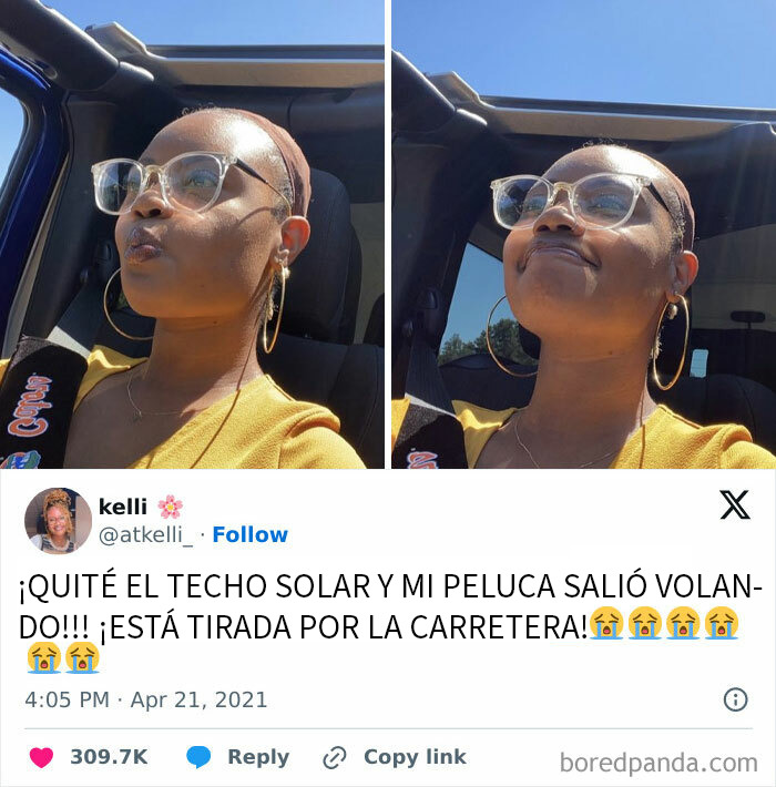 Mujer en auto con gafas y aretes grandes, reacción divertida que aporta publicaciones reconfortantes para alegrar el día.