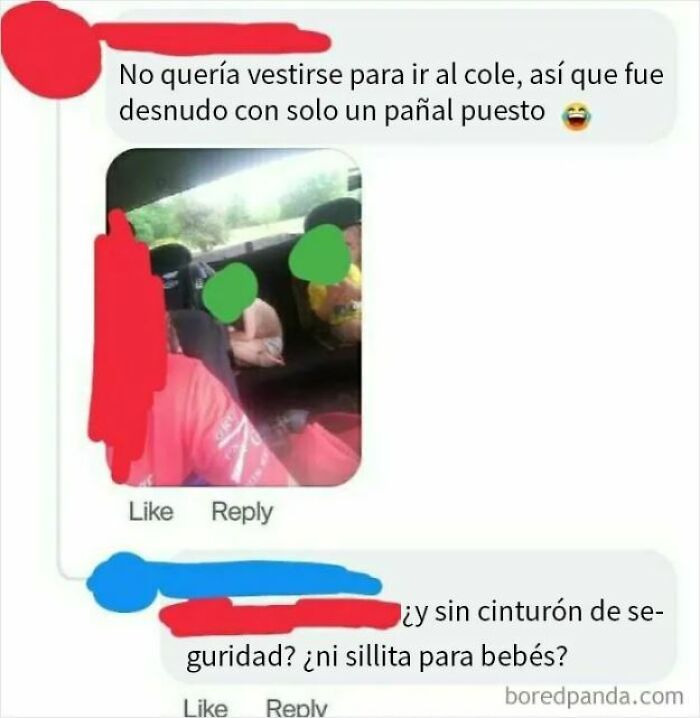 Captura de mensajes desquiciados en grupo de madres con niños sin ropa ni seguridad en el coche.