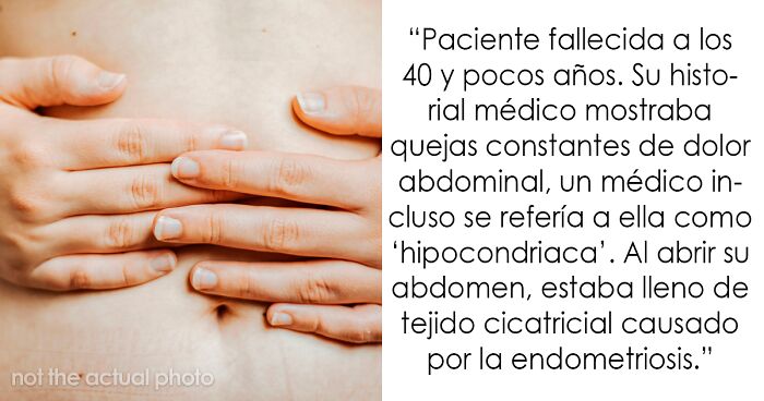 Manos sobre abdomen femenino con texto sobre hallazgo inquietante en autopsias relacionadas con la muerte.