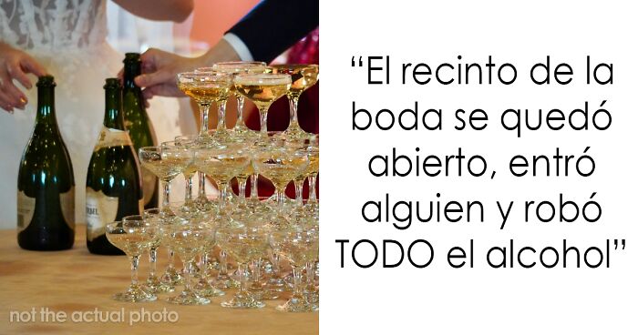 Montaje de copas apiladas y botellas de vino con manos sirviendo, ilustrando historias de bodas que fueron de mal en peor.