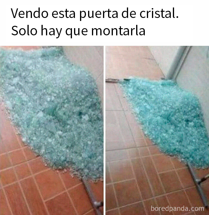 Montón de cristales en el suelo con el texto vendedor muy absurdo y divertido para tomarte un descanso memes.