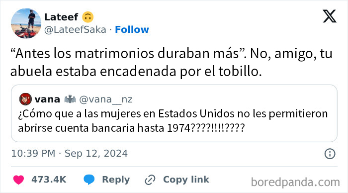 Tuit divertido con meme absurdo sobre matrimonios y derechos bancarios de mujeres, ideal para memes absurdos y divertidos.