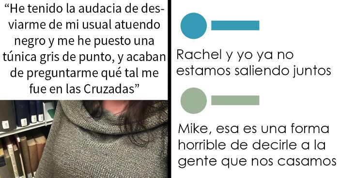 Mujer con tu00fanica gris posando junto a memes absurdos y divertidos para tomarte un descanso de todo en redes sociales.