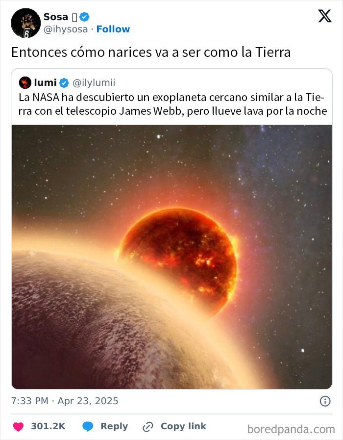 Tuit divertido sobre exoplaneta similar a la Tierra con lluvia de lava, parte de publicaciones que se burlan de todo.