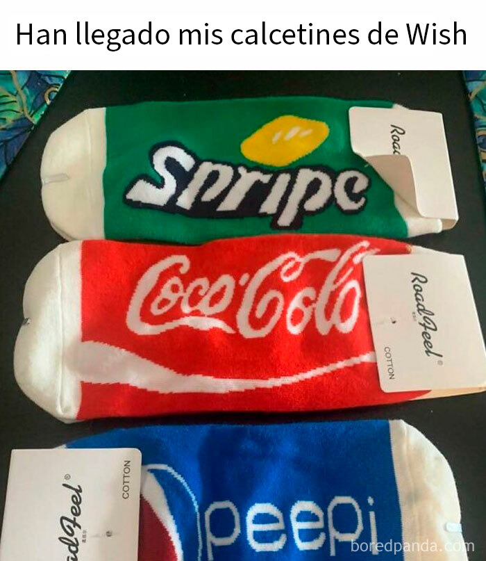 Calcetines con diseños de marcas famosas imperfectas, una publicación reconfortante para alegrar el día con humor.