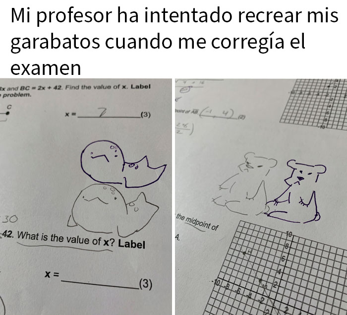 Profesor recreando garabatos en examen, imagen reconfortante para alegrar el día con publicaciones divertidas y positivas.