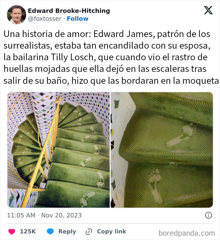Huellas bordadas en moqueta verde en escaleras, imagen reconfortante para alegrar el día con publicaciones inspiradoras.