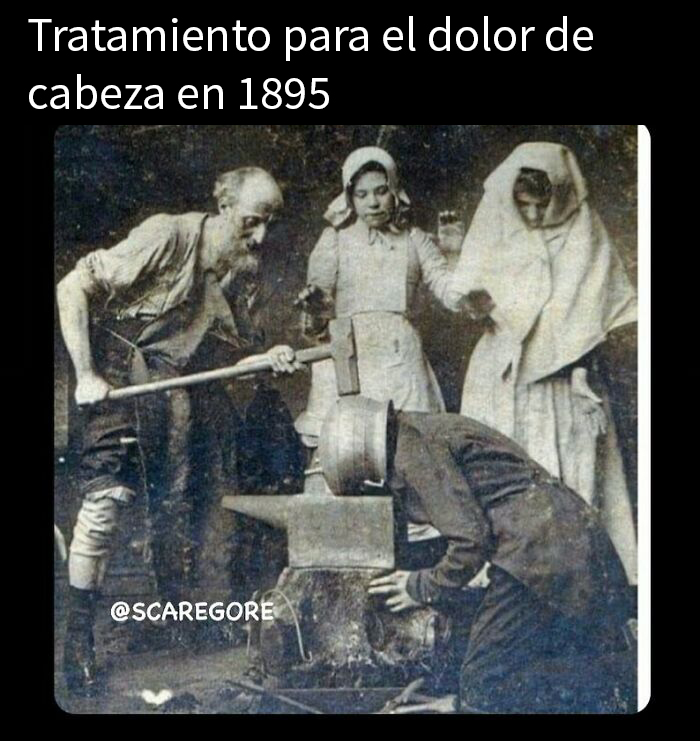 Hombre recibiendo un tratamiento para el dolor de cabeza en 1895, una imagen inquietante del mundo en que vivimos.