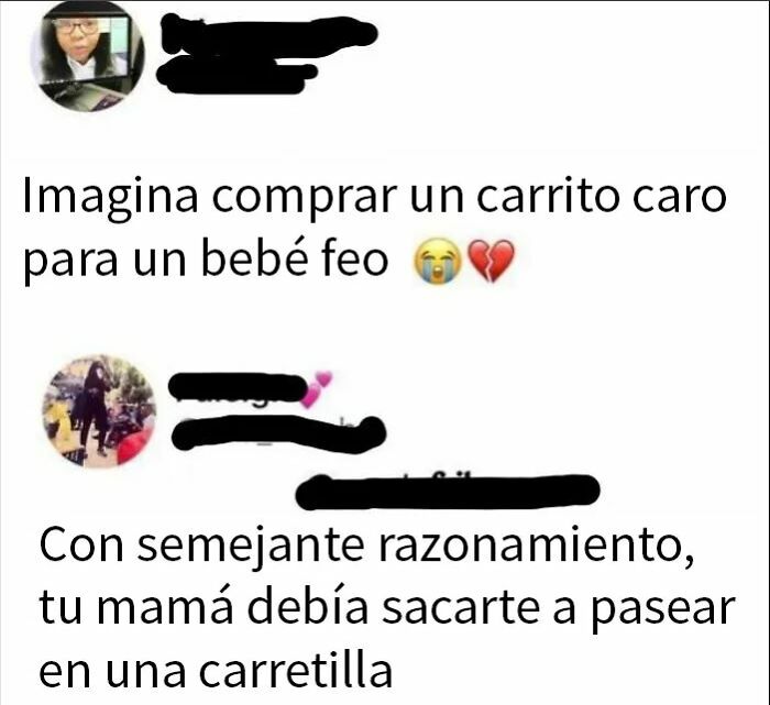 Persona fulminada con palabras en comentario sarcástico sobre carrito caro para bebé feo y respuesta ingeniosa.