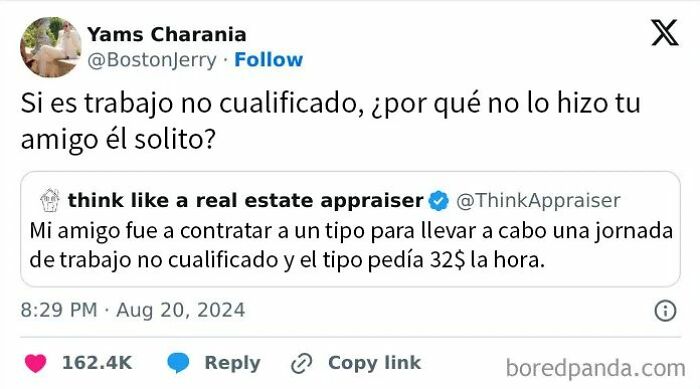 Captura de tuit con personas fulminadas con palabras sobre trabajo no cualificado y salario por hora.