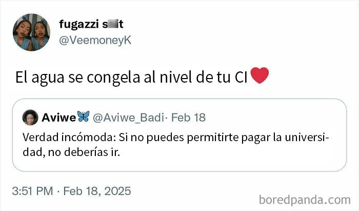 Captura de pantalla de tuit con persona totalmente fulminada con palabras y comentario sarcástico sobre universidad.