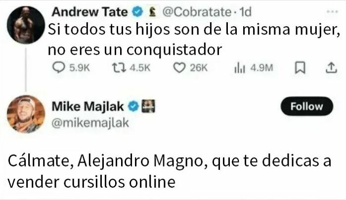 Tuit de respuesta fulminante entre usuarios con palabras contundentes y humor irónico en redes sociales.