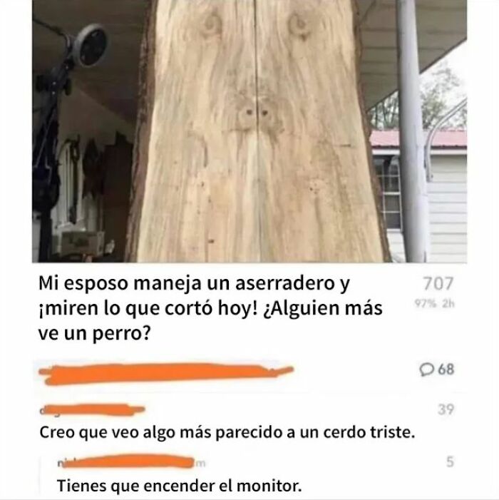 Tabla de madera cortada con forma que parece un perro y comentarios fulminantes en redes sociales.