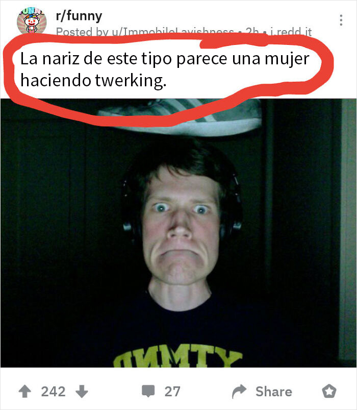 Hombre con expresión facial exagerada mostrando reacción divertida en imagen de personas fulminadas con palabras.