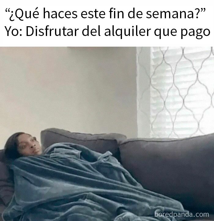 Persona envuelta en manta descansando en sofá, meme divertido para introvertidos disfrutando su fin de semana en casa.