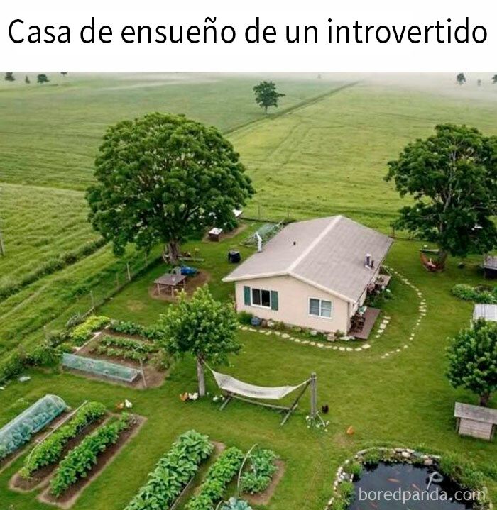 Casa de campo rodeada de jardín y árboles, ilustrando memes divertidos para introvertidos y su espacio ideal.