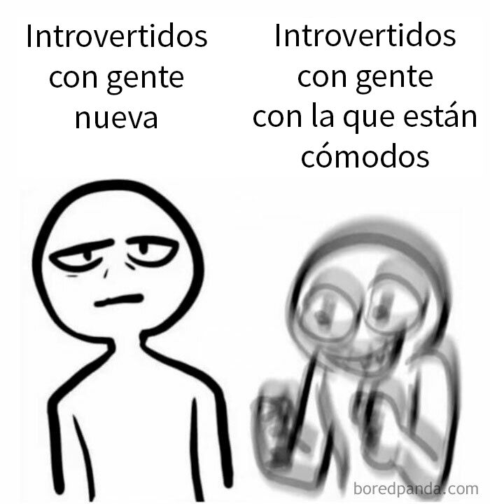 Memes divertidos sobre introvertidos con gente nueva y con personas con las que están cómodos, expresando distintas emociones.