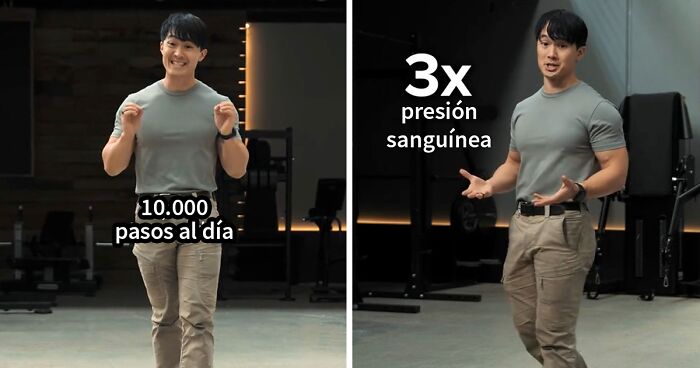 Hombre japonu00e9s en gimnasio explicando beneficios de caminar 30 minutos y superar 10.000 pasos diarios para la salud.