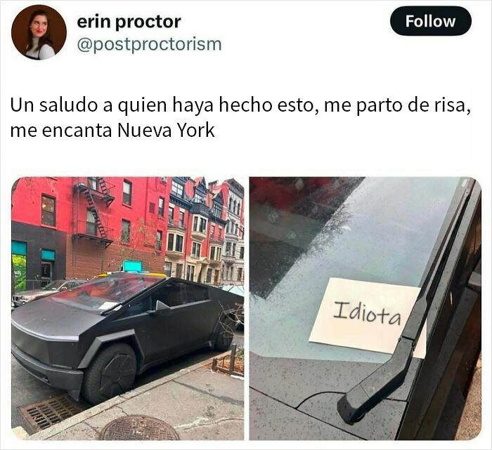 Tuit humorístico sobre un coche Tesla Cybertruck con nota de papel que dice idiota, humor para hombres en Nueva York.