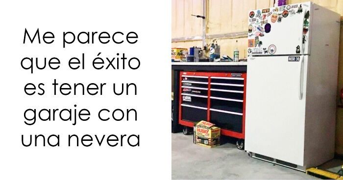 Garaje con nevera y caja de cervezas junto a caja de herramientas, humor para hombres sobre el u00e9xito y la diversiu00f3n.