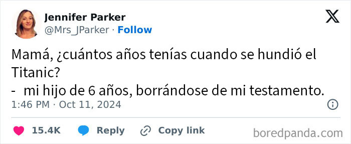 Tuit con conversación divertida e incómoda entre madre e hijo de 6 años sobre el hundimiento del Titanic.