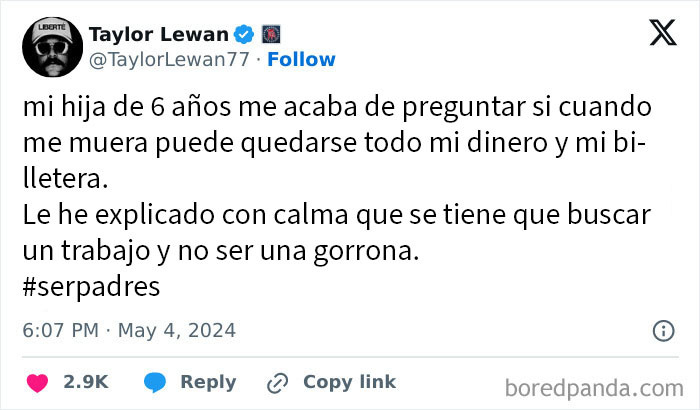 Tuit divertido y conversación incómoda entre un padre y su hija sobre dinero y responsabilidades futuras.