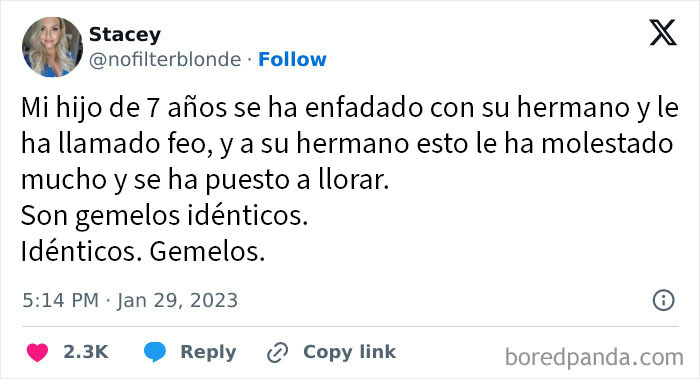 Tuit sobre conversación divertida y algo incómoda entre padres e hijos con gemelos idénticos mostrando confusión.