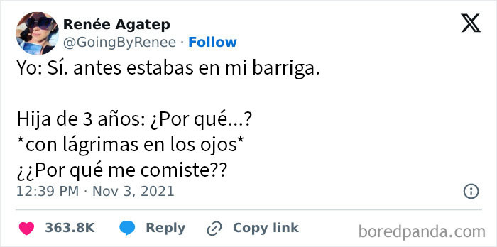Tuit divertido sobre conversaciones incómodas entre padres e hijos con preguntas sobre el embarazo y la barriga.