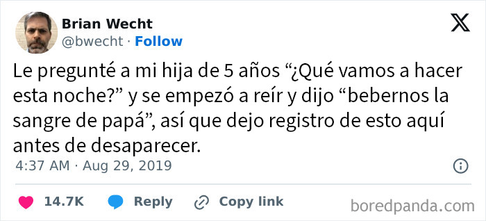 Tuit con conversación divertida e incómoda entre padre e hija de 5 años sobre beber sangre de papá.