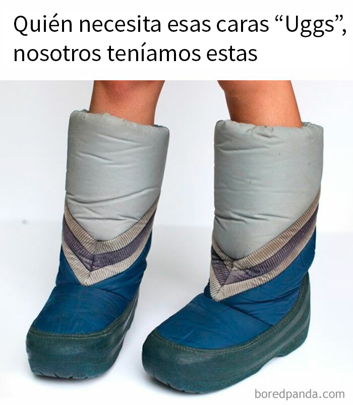 Botas acolchonadas azules y grises que captan la nostalgia de los años 80, con diseño retro y estilo vintage.