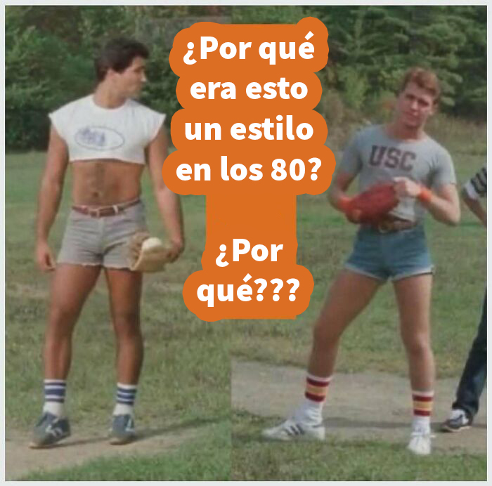 Dos jóvenes con ropa deportiva y pantalones cortos de los años 80 captan la nostalgia de la moda noventera.