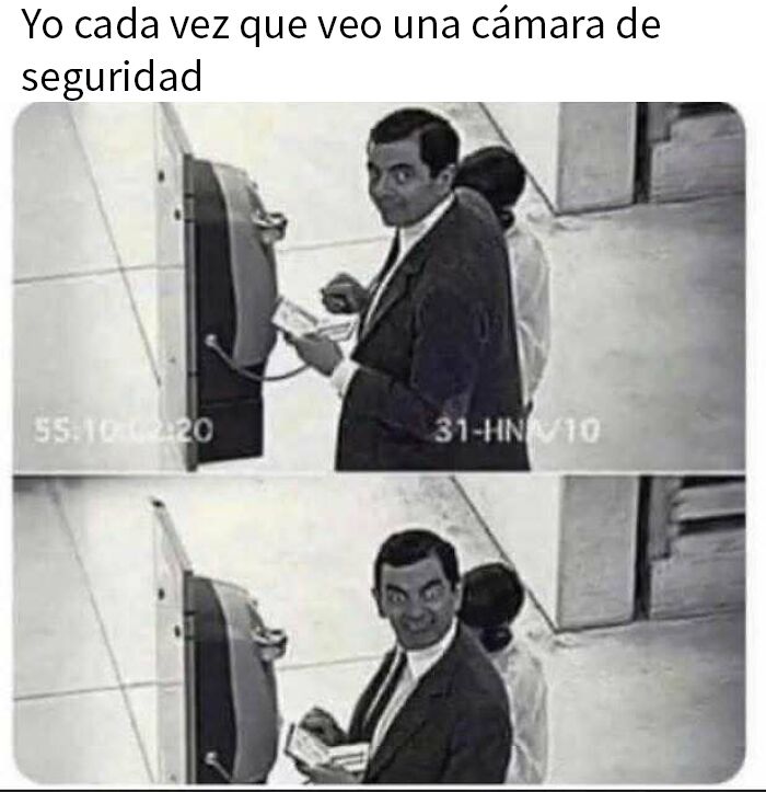 Hombre divertido junto a una cámara de seguridad en meme gracioso para disfrutar cuando no hay nada que hacer.
