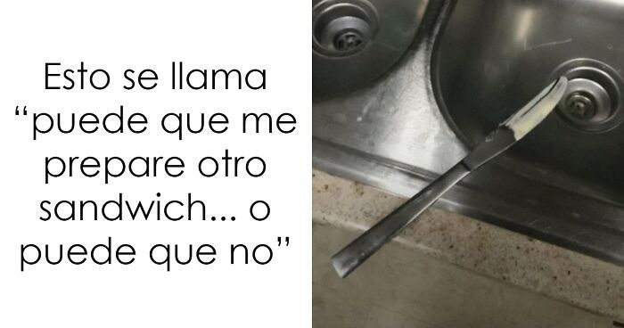 Cuchillo suspendido en el fregadero con texto humoru00edstico, ejemplo de divertidos memes para pasar el tiempo.