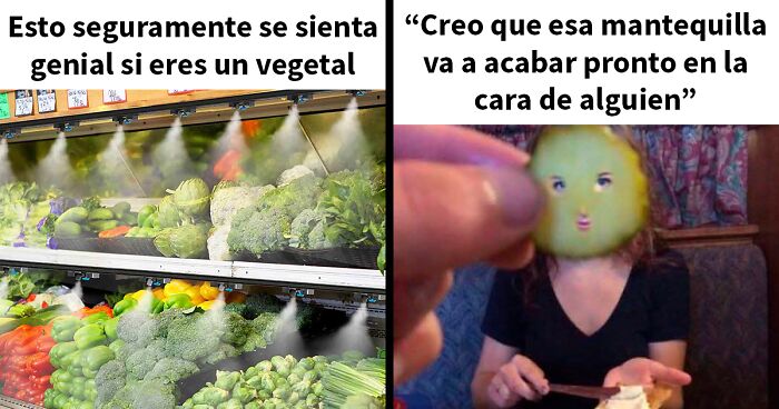 Memes sarcu00e1sticos con imu00e1genes divertidas de vegetales y situaciones cotidianas que muestran humor iru00f3nico.