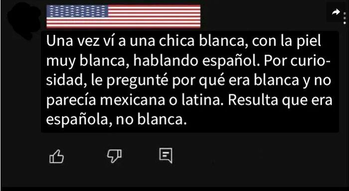 Comentario sobre ignorancia estadounidense que confunde nacionalidad con color de piel en conversación sobre el español.