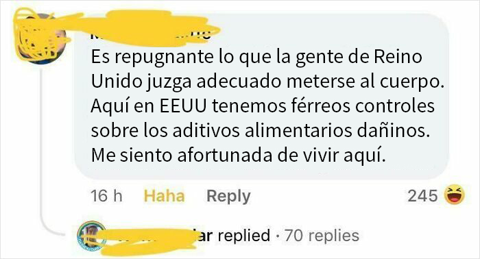 Comentario en redes sobre controles en Estados Unidos y aditivos alimentarios, mostrando ignorancia estadounidense a niveles absurdos.