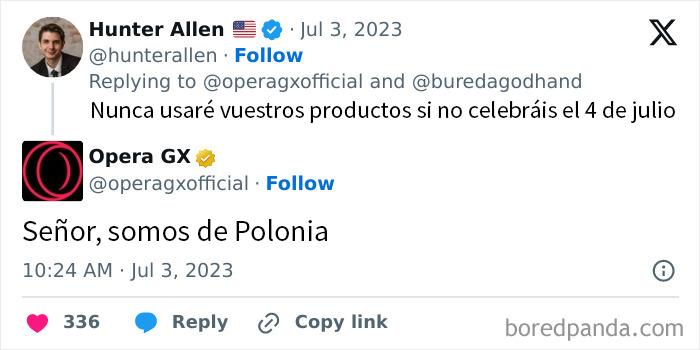 Captura de pantalla de tuit que muestra ignorancia estadounidense sobre el origen de Opera GX confundiendo Polonia con EE.UU.