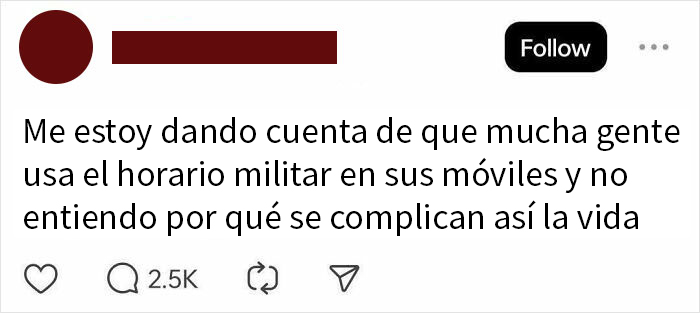 Tuit mostrando ignorancia estadounidense sobre uso del horario militar en móviles y complicaciones innecesarias.